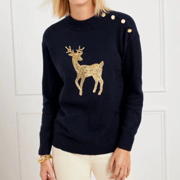 Talbots Sequin Reindeer Mockneck Sweater Blue Gold Buttons M Petite Holiday Look - Picture 2 of 14